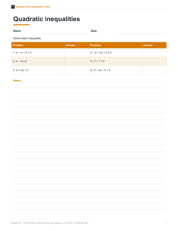 Preview of Printable Quadratic Inequalities Worksheet